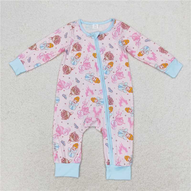 LR0990 Disney Princess Castle Light Blue Zipper Long Sleeve Bodysuit