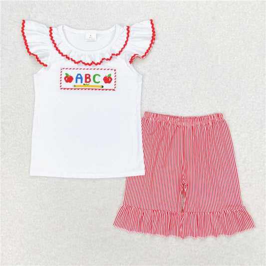 GSSO1115 Embroidered ABC Apple Pencil White Flying Sleeve Red Plaid Shorts Set