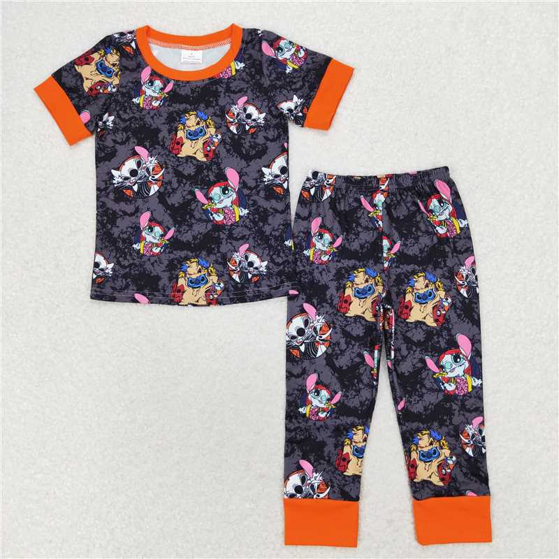 BSPO0417 Halloween Stitch bat black and gray short-sleeved long pants pajamas set