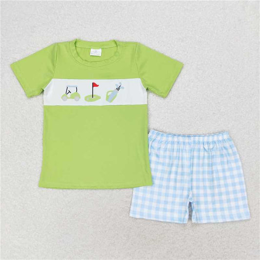 BSSO0667 Golf sightseeing car green short-sleeved blue plaid shorts suit