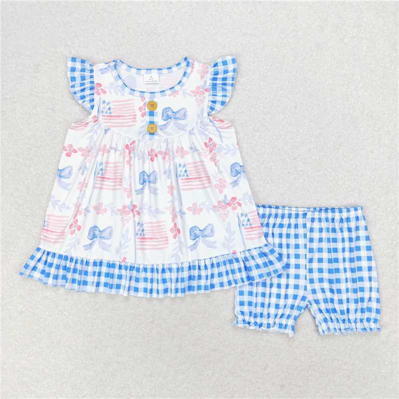 GSSO1139 Flower blue bow flag plaid flying sleeve shorts suit