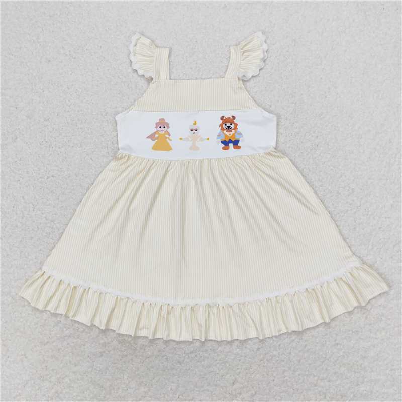 GSD0695 Cartoon Beauty and the Beast yellow striped flying sleeve dress