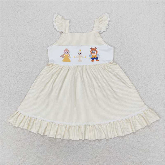 GSD0695 Cartoon Beauty and the Beast yellow striped flying sleeve dress