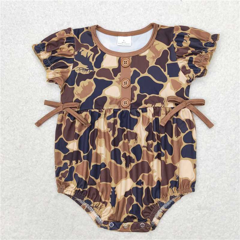 SR1682 Camouflage brown bow short-sleeved jumpsuit