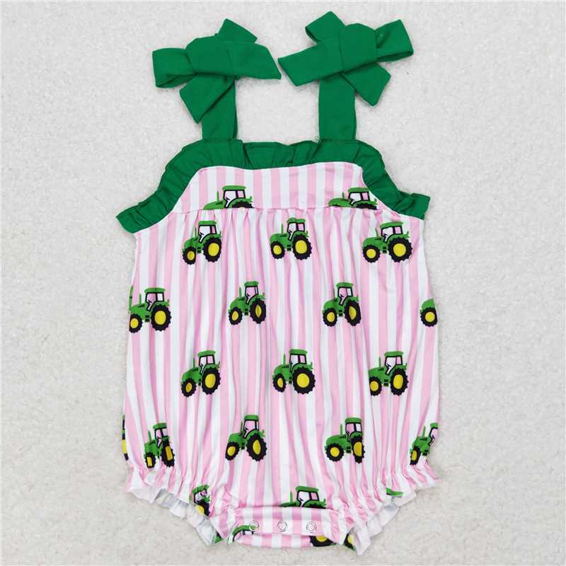 SR1623 Farm tractor pink stripe green lace camisole jumpsuit