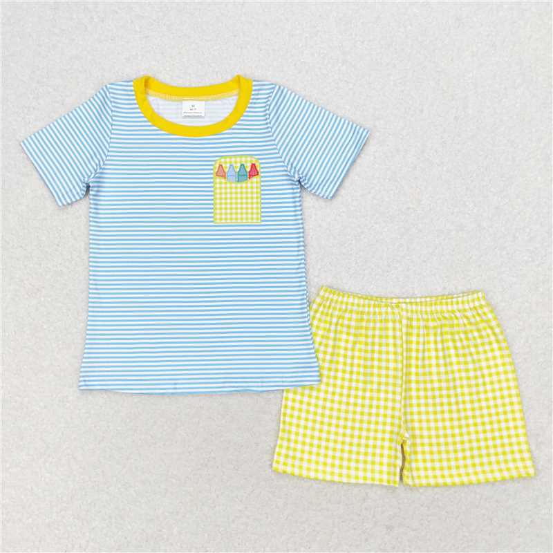 BSSO0983 Pastel blue striped short-sleeved yellow plaid shorts