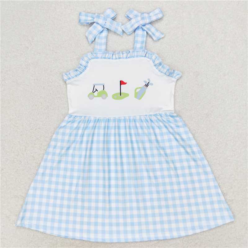 GSD0907 Golf cart blue plaid lace suspender dress