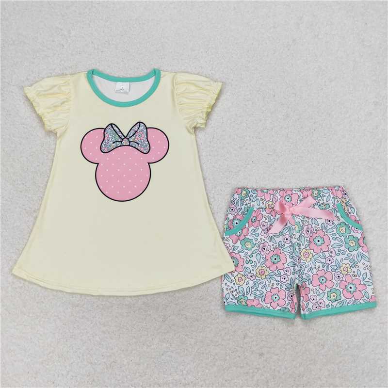 GSSO1308 Mickey Bow Yellow Short Sleeve Flower Shorts Set