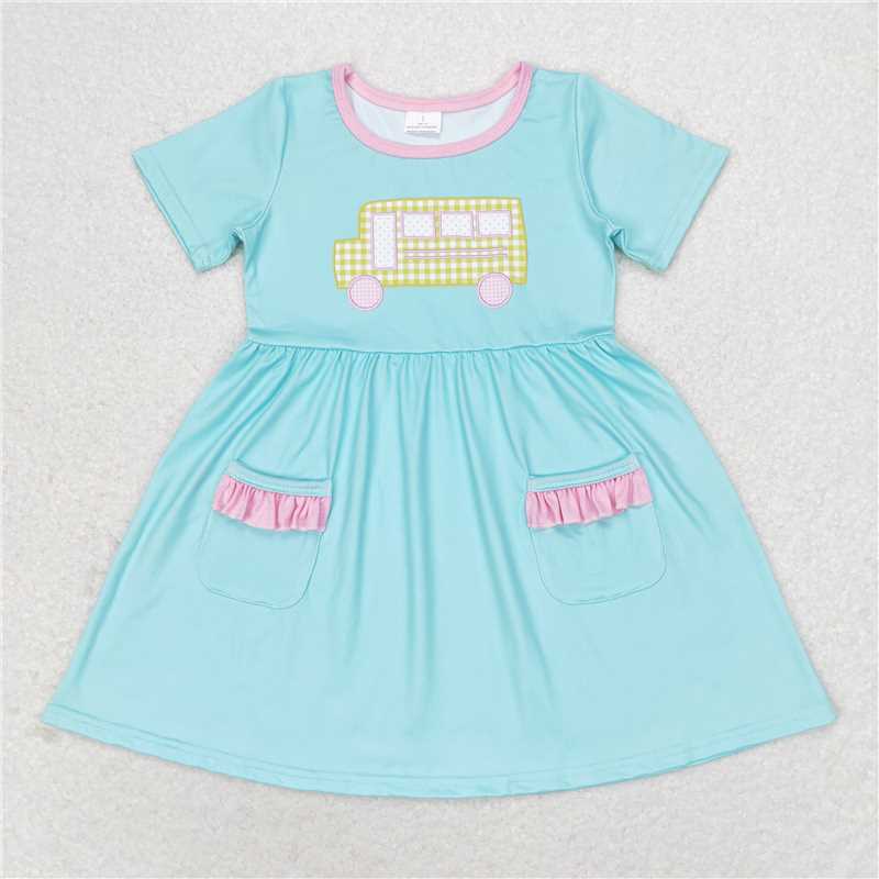 GSD1341 Yellow plaid school bus blue-green pocket short-sleeved dress