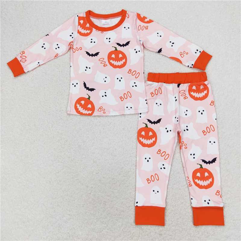 GLP1198 boo bat ghost pumpkin lantern pink and orange long sleeve long pants pajamas set