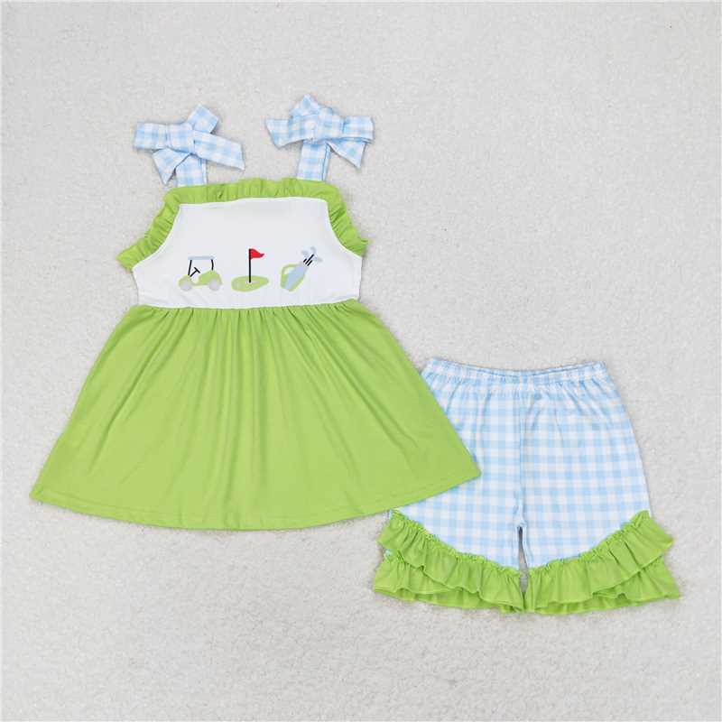 GSSO0719 Golf sightseeing cart blue plaid lace green suspender shorts set