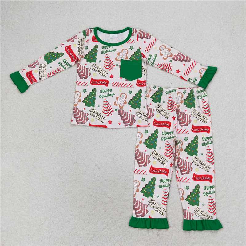 GLP1229 happy holidays Christmas tree cookie green pocket lace long-sleeved trousers pajama set