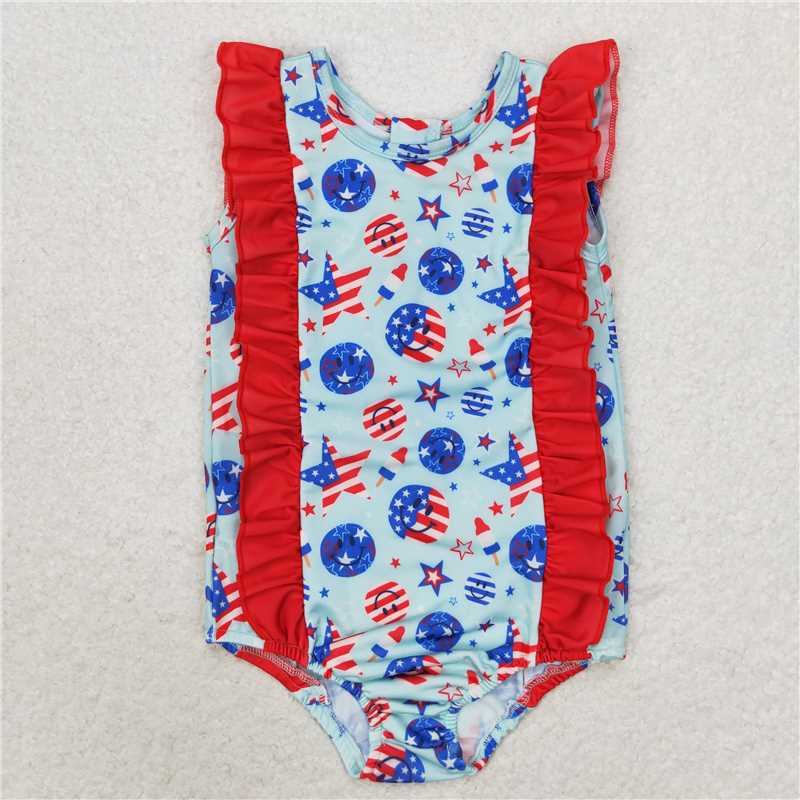 S0433 National Day smiley face star striped popsicle lace blue one-piece swimsuit