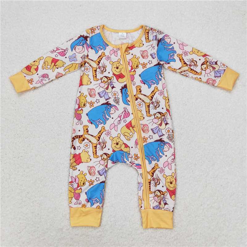 LR0971 Modal cartoon Winnie the Pooh flower orange zipper long sleeve jumpsuit