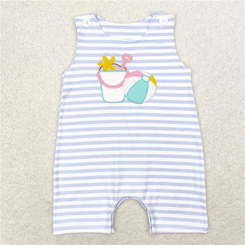 SR1517 Embroidered beach ball starfish bucket blue and white striped sleeveless jumpsuit