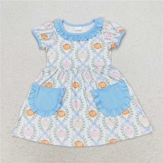 GSD1269 Pumpkin leaf blue lace pocket short-sleeved dress