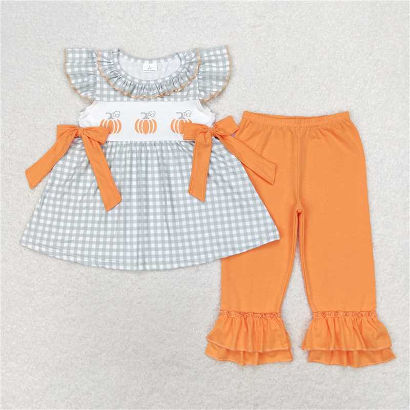 GSPO1533 Pumpkin orange bow green plaid flying sleeve trousers suit