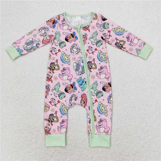 LR0970 Modal Cartoon Toy Story Pink and Green Zipper Long Sleeve Jumpsuit