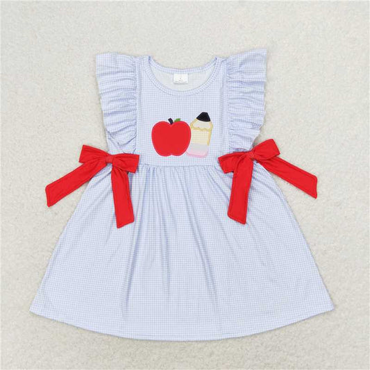 GSD1143 Apple Pencil Red Bow Blue Plaid Sleeveless Dress