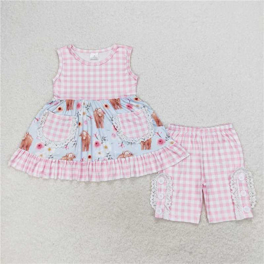 GSSO1161 Alpine bull head flower pink and white plaid pocket light blue sleeveless shorts suit