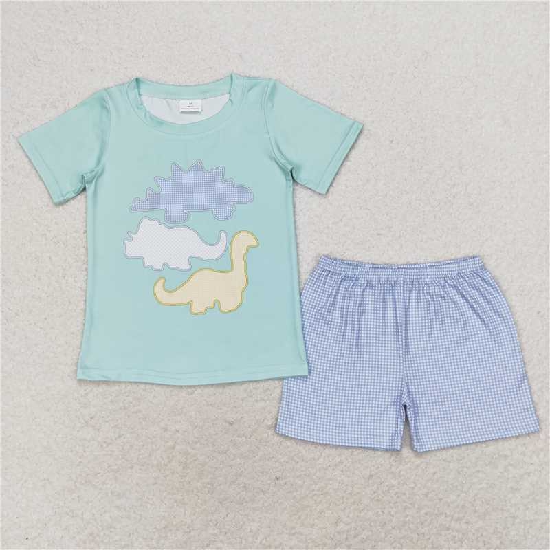 SSO0920 Dinosaur blue green short-sleeved plaid shorts set