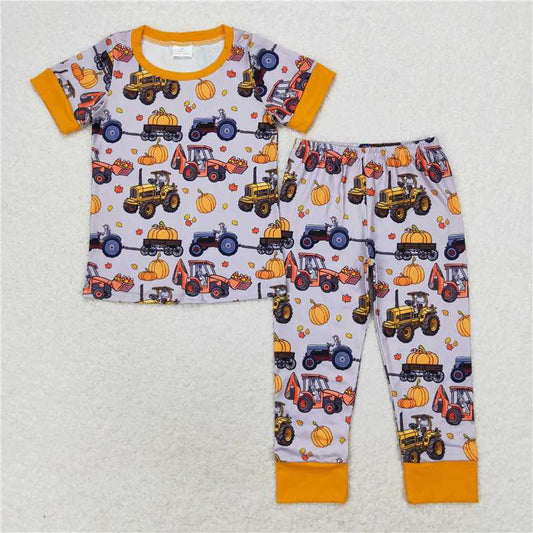 BSPO0422 Pumpkin truck tractor orange grey short sleeve long pants pajama set