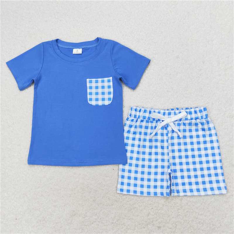 BSSO0865 Checkered pocket royal blue short-sleeved shorts set