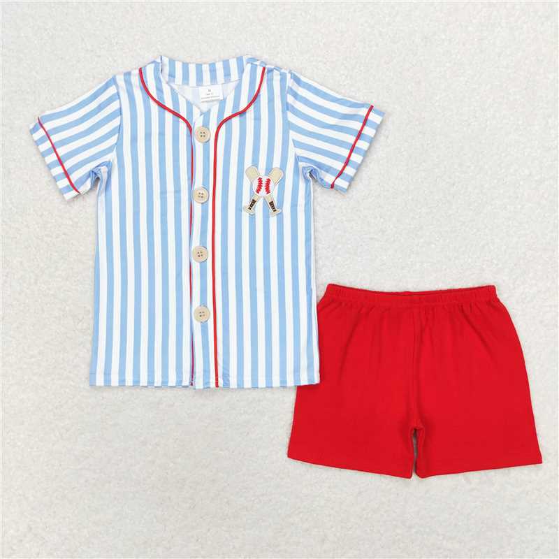 BSSO0800 Embroidered baseball blue striped short-sleeved red shorts set