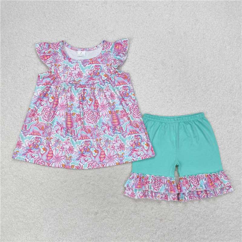 GSSO1356 Flower dinosaur flying sleeve lake green shorts suit