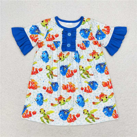 GSD1312 Cartoon Finding Nemo Turtle Fish Blue Lace Short Sleeve Dress