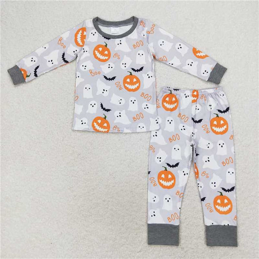 BLP0476 boo bat ghost pumpkin lantern grey long sleeve long pants pajamas set