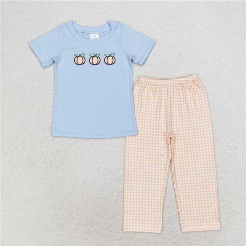 BSPO0371 Embroidered pumpkin blue short-sleeved orange plaid trousers suit