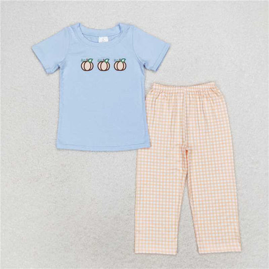 BSPO0371 Embroidered pumpkin blue short-sleeved orange plaid trousers suit