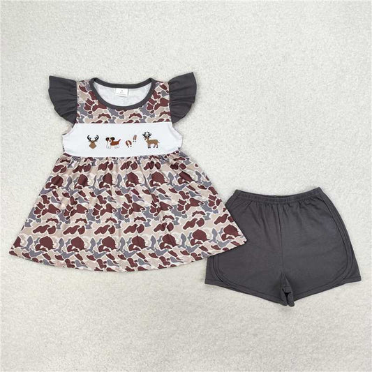 GSSO1358 Embroidered elk puppy camouflage charcoal grey flying sleeve shorts set