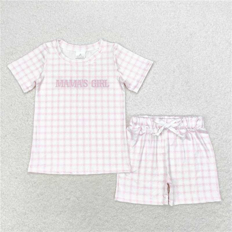 GSSO1236 mama's girl embroidered plaid pink and white short-sleeved shorts set