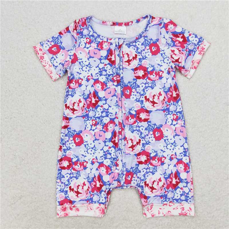 SR1767 Blue and purple flower zipper short-sleeved jumpsuit