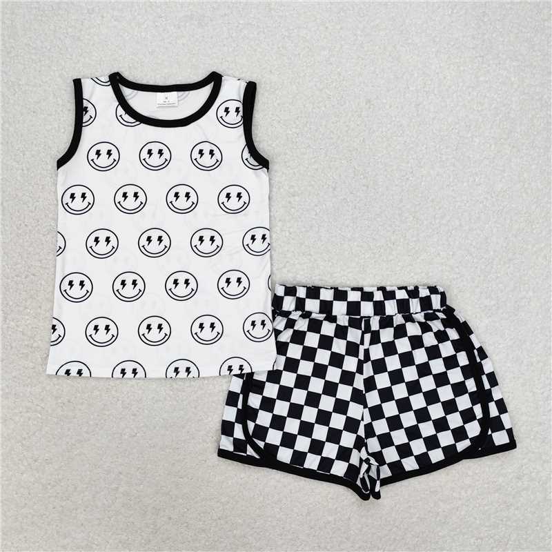 BSSO0972 Lightning smiley face sleeveless black and white plaid shorts set