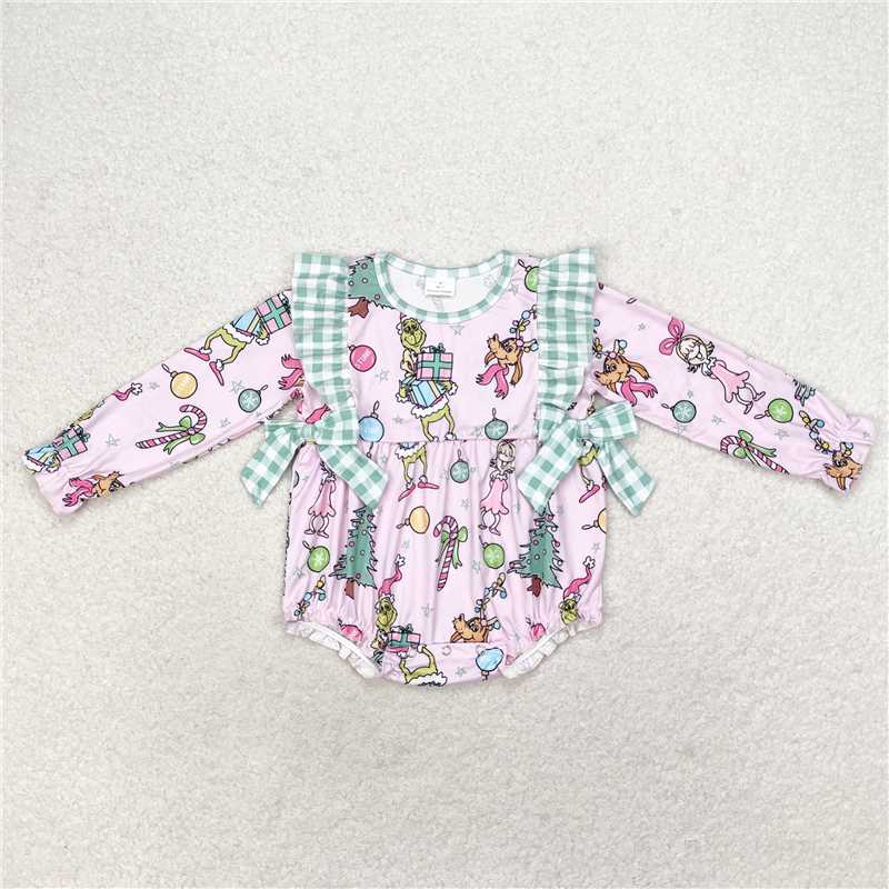 LR0998 grinch Christmas gift green plaid lace bow pink long-sleeved jumpsuit