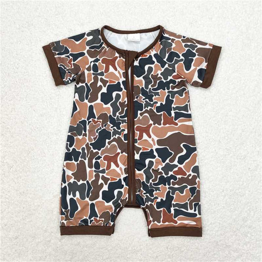 SR0666 Brown and green camouflage zipper short-sleeved jumpsuit