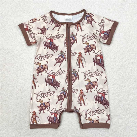 R0856 Rodeo riding brown zipper short-sleeved jumpsuit