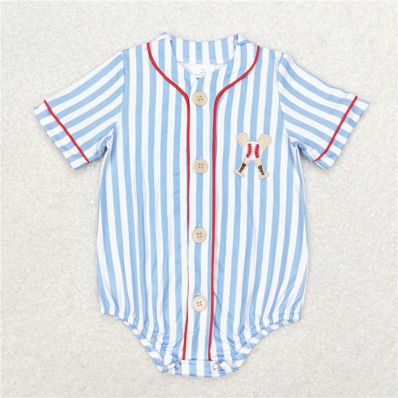 SR1459 Embroidered baseball blue striped short-sleeved jumpsuit