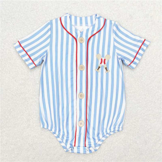 SR1459 Embroidered baseball blue striped short-sleeved jumpsuit