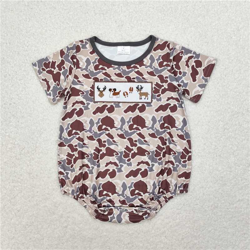 SR1785 Boys Embroidered Elk Puppy Camouflage Short Sleeve Bodysuit