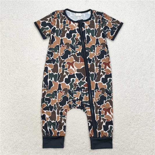 SR1899 Modal green camouflage beige zipper short-sleeved jumpsuit