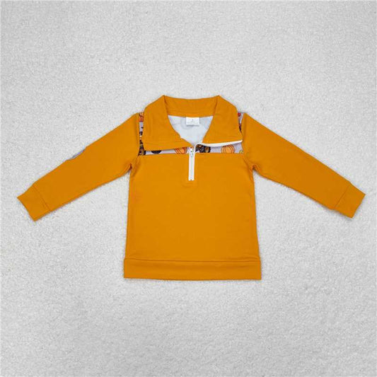 BT0695 Pumpkin Truck Tractor Orange Gray Zipper Long Sleeve Top