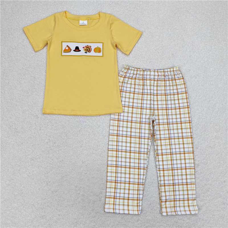 BSPO0433 Embroidered hat, turkey pumpkin, orange and yellow short-sleeved plaid trousers suit