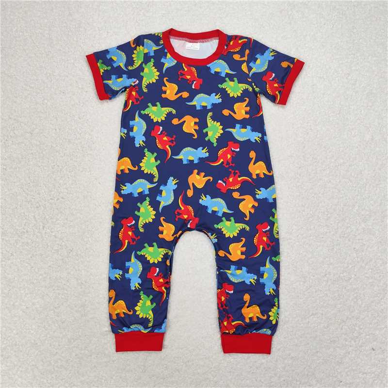 SR0468 Dinosaur blue and red short-sleeved jumpsuit