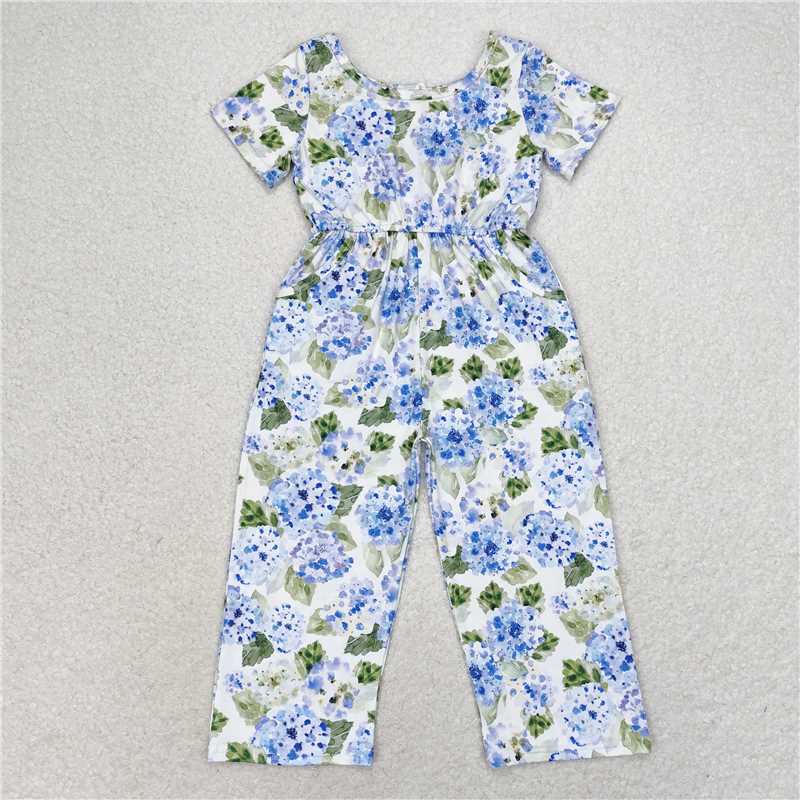 SR1846 Blue hydrangea leaves white short-sleeved jumpsuit