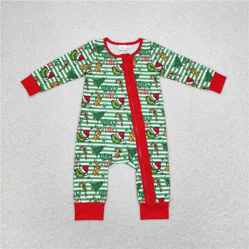 LR1054 Grinch puppy Christmas tree green stripes red lace zipper long sleeve jumpsuit