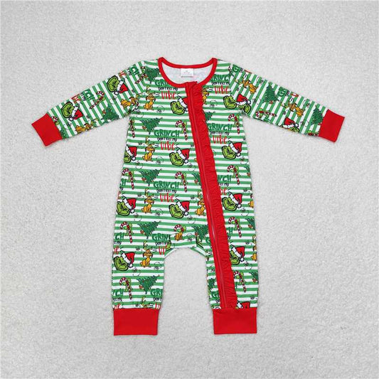 LR1054 Grinch puppy Christmas tree green stripes red lace zipper long sleeve jumpsuit